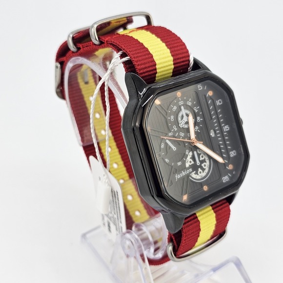 Men's Watch 42MM Black Dial Date Indicator Red Yellow Canvas Bands New Battery - Picture 4 of 12